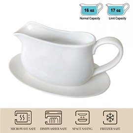Qlans 17oz Gravy Boat with Saucer Stand, Set of 1, Ceramic Sauce Boat with Tray for Salad Dressings,ketchup， Creamer, Broth, Black Pepper, White