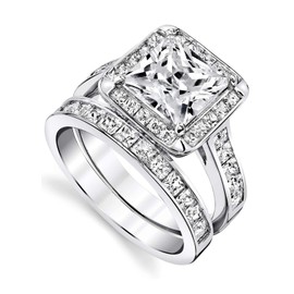 Metal Masters Co. Women's Sterling Silver 925 Bridal Set Engagement Rings 2.5 Carat Princess Cut Cubic Zirconia 5-9