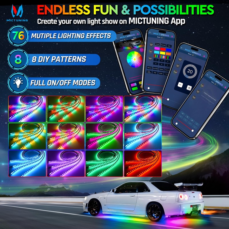 MICTUNING N3 Car Underglow Light Strip Kit, Chasing Dream RGB+IC