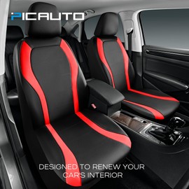 PIC AUTO Leather Car Seat Covers, Premium Automotive Waterproof Two Front Bucket Seat Protectors, Black and Red PVC Patchwork, Fits Cars, Trucks, Vans, SUVs, Airbag Compatible