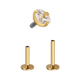 FINE4U Gold Cartilage Earring for Tragus Conch Helix Flat Labret 16G 6mm 8mm - ASTM F136 Titanium Flat back Stud, Implant Grade Screw on Piercing Stud Jewelry (3mm CZ)