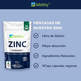 Wellthy Zinc 20mg 220 Cápsulas Hecho Optizinc Fórmula Alta Absorción Patentada Por Laboratorio Suizo Lonza Porciones Más Meses Consumo Caps Veganas