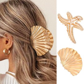 Formery Shell Hair Claw Clips Gold Pearl Starfish Clip Rhinestone Metal Hair Accessories for Women (2PCS)