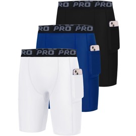 EXARUS Youth Boys Compression Shorts Performance Athletic Base Layers Underwear Running Sports Soccer Side Pocket 14Y