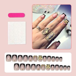 Black French Tips Press on Nails Short Square False Nails with Gold Bow Charm Design Gold Rhinestone Fake Nails Glossy Skin Tones Stick on Nails Summer Glue on Nails for Women Girls Manicure 24Pcs