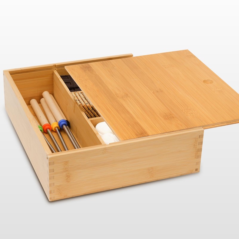 Smores Kits,Bamboo Smores Box with a Lid,Smores Caddy with 6Pcs