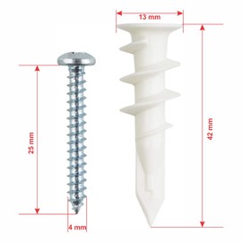 50 Pcs Self Drilling Plastic Drywall Anchors 13x42mm Wall Anchors Self Tapping Thread Anchors White Nylon 50pcs and Screws 4.0x25mm