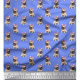 Soimoi Blue Cotton Jersey Fabric Pug Dog Print Fabric BTY 58 Inch Wide