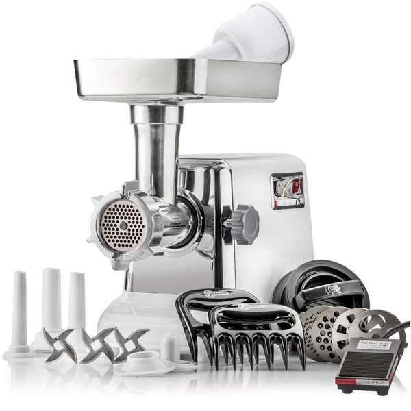 STX International Turboforce 3000 Series 6-In-1 Powerful Size #12 Electric Meat Grinder with Foot Pedal • Sausage Stuffer • Kubbe Maker • Patty Press • 2 Meat Claws • 3 S/S Blades • 4 Grinding Plates