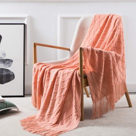 Homiest Decorative Knitted Throw Blanket with Fringe Soft & Cozy Tassel Blanket for Couch Sofa Bed (50" x 60", Coral)