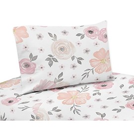 Sweet Jojo Designs Blush Pink, Grey and White Queen Sheet Set for Watercolor Floral Collection 4 Piece Set