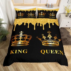 Homemissing Kids Double Gold Crown King & Queen Duvet Cover Mr Mrs Comforter Cover Lover Couple Bedding Set for Couple Man Woman His and Hers Bedspread Cover Couple Room Decor Zipper (No Comforter)