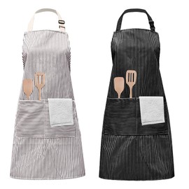 Pack of 2 Adjustable Cotton Linen Cooking Apron Waterproof Adjustable Kitchen Apron with Pockets for Men and Women for Cooking or Baking Beige (Black, Grey), black