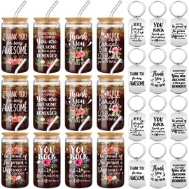 Mumufy 24 Pcs Employee Appreciation Gifts Set Thank You Gifts for Women Men 12 Pcs 16 oz Glass Inspirational Thank You Cups with Lids and Straws and 12 Pcs Keychain for Teacher Team Member Coworker