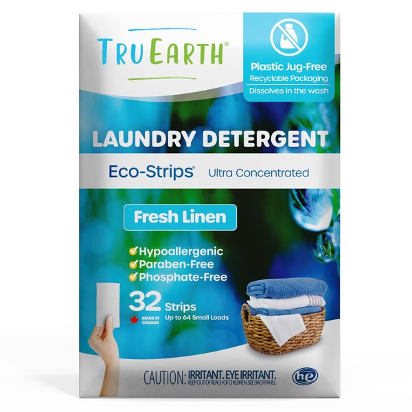 Tru Earth Hypoallergenic, Readily Biodegradable Laundry Detergent Sheets/Eco-Strips for Sensitive Skin, 32 Count (Up to 64 Loads) - Fresh Linen Scent