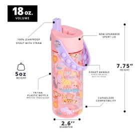 Elemental Leak Proof Water Bottles for Kids - Splash Kids Water Bottle for School with Fun Fidget Pop-it Handle - BPA Free Tritan Plastic Reusable Water Bottle with Straw - Pink Safari - 18oz