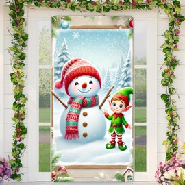 BlissYard Snowman and Elf Christmas Door Banner 35x71 Inch Holiday Hanging Sign for Front Door Wall Party Indoor Outdoor Welcome Home Spring Fall Graduation Birthday Decoration Display