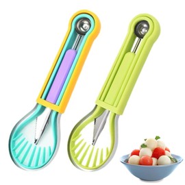 WIizyzfhy 2025 Upgraded 3-in-1 Stainless Steel Fruit Carving Tool Set, Watermelon Fork Slicer Ice Cream Watermelon Spoon Cutting Knife (blue+green)