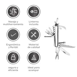 Canotagio Navaja Multiusos Deportiva de Acero Inoxidable.10 Funciones: Tijeras, Navaja, Serrucho, Destapacorchos, Abrelatas, Desarmador de Cruz Paleta y Linterna. Navaja Multiherramienta de Bolsillo.