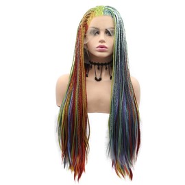 Sylvia 24" Red/Pink/Blue/Green/Yellow/Purple/Orange Rainbow Big Braiding Synthetic Lace Front Wigs 260% Density Mixed Colorful Box Braids Heat Resistant Fiber Hair for Woman