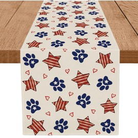 QIONG MENG 4th of July Table Runner Dog Paw Stars Heart Memorial Day Independence Day Patriotic Decorations Kitchen Dining Table Home Decor 13x60 Inch