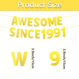 Awesome Since 1991 35th Birthday Banner Garland – Gold Glitter Letter Hanging Decoration for 35th Birthday Party, Anniversary, Class Reunion, Office Celebration, Home Wall, and Photo Booth Décor