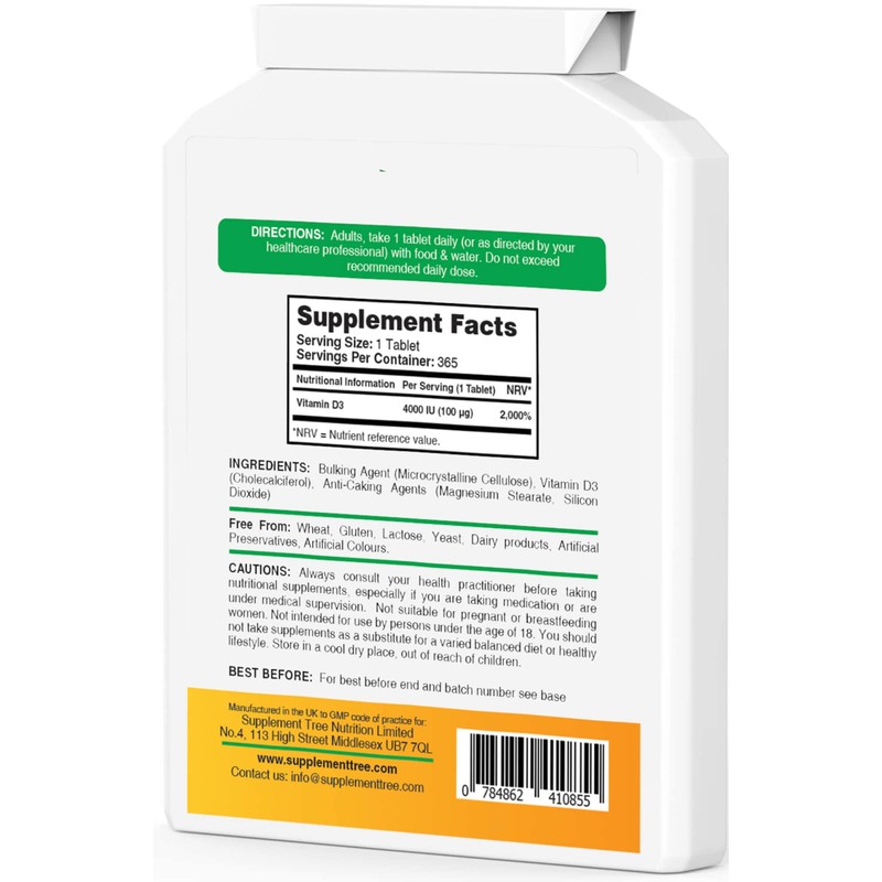 Vitamin D 4000IU 365 Vegetarian Tablets | High Strength Cholecalciferol