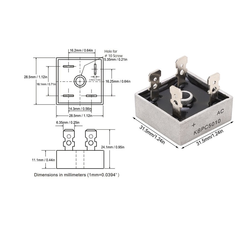 10Pcs 1000V 50A Single Phase Diode Bridge Rectifier Excellent Cooling