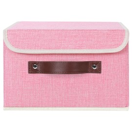 ANMINY Storage Bin with Lid Storage Boxes with PU Leather Handles PP Plastic Board Decorative Foldable Lidded Cotton Linen Fabric Home Cubes Baskets Closet Organizer Container - Pink, Small Size