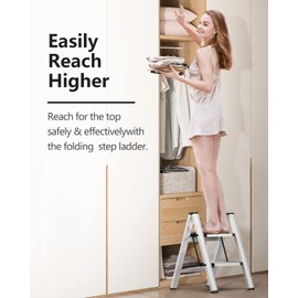 SOLADDER Step Stool, 2 Step Ladder with Anti-Slip and Wide Pedal, Portable Aluminum Lightweight Foldable Stepladder for Home and Kitchen, 330lbs - Silver
