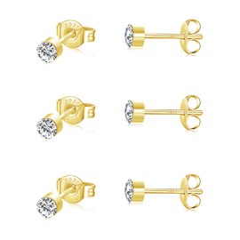 SNORSO 3 Pairs 3mm Silver 14K Gold Stud Earrings Set for Women Men Girls,Hypoallergenic Tiny Small Round Cubic Zirconia Stud Earrings for Kids,Cartilage Sleeper Studs Earrings for Multiple Piercings