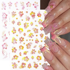 4 Sheets Daisy Ice Flowers Nail Art Stickers Decals ZWENJIE 3D Self-Adhesive Spring Silver Glitter Floral Nail Decals Five Petals Pattern Nail Supplies for Women Nails Art DIY Decoration