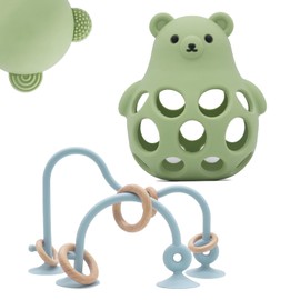 Baby Teething Chew High Chair Suction Toys - Baby Teething Toys Silicone Teethers, Baby Table Toys,Food Grade Silicon for 6 12 18 Months (Green Blue)