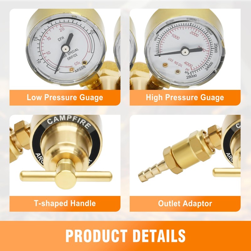 CAMPFIRE Argon CO2 Regulator with Dual Gauges and 9.8FT Gas