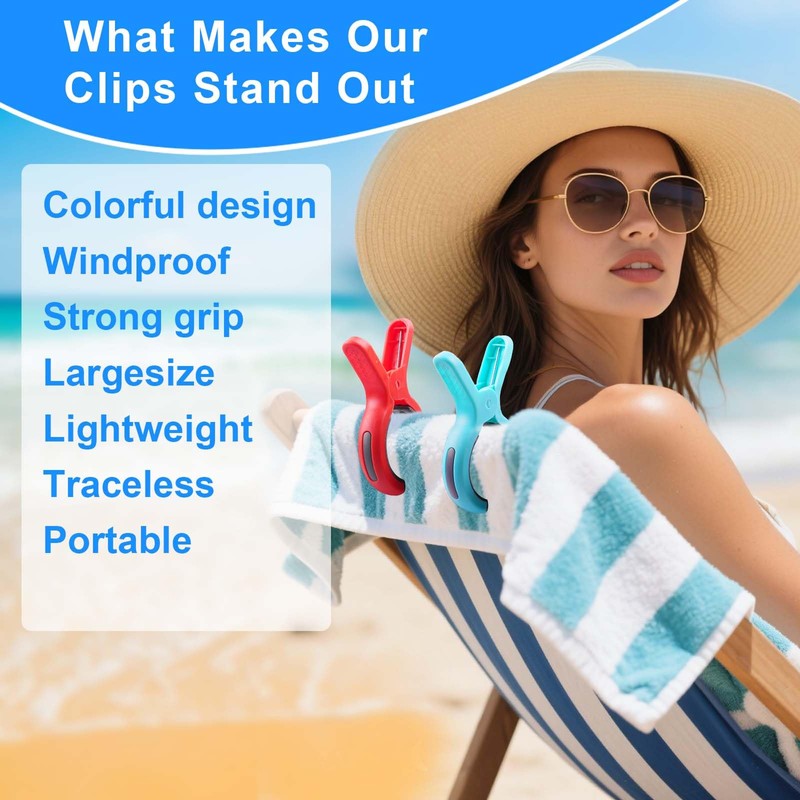 Large Beach Towel Clips for Beach Chair, Heavy-Duty Plastic Clothes