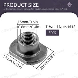 Swpeet 10Pcs M12 Black T-Shaped Weld Nuts Kit, Tab Base UNC Carbon Steel Machine Screw, Welding Hood Fasteners Metric T-Shape Welding Nut for Furniture Vehicles Caster and Industry Machine