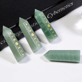 Rockcloud Pack of 3 Moon Phase Engraved Crystal Point, Lunar Eclipse Hexagonal Wand Pocket Stone for Reiki Meditation Home Decor,Green Aventurine & Obsidian & Rose Quartz