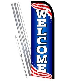 Welcome (Patriotic) Premium Windless Feather Flag Bundle (11.5' Tall Flag, 15' Tall Flagpole, Ground Mount Stake) Printed in the USA 841098154035
