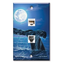 Art Plates - Decorative Printed 2 Port Data Wall Plate - RJ11 Telephone Jack Connector and RJ45 (Cat5, Cat6, Cat7) Ethernet Connector - Gold-Plated Contacts - Whale Tail 2