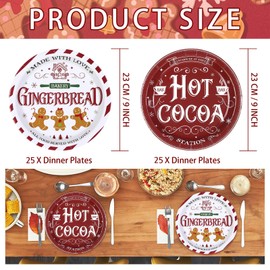 50Pcs Gingerbread Christmas Party Supplies 9 Inch Gingerbread Man Hot Cocoa Paper Plates Disposable Red Winte Christmas Desser Platter for Kids Baby Shower Birthday Holiday Xmas Party Decoration