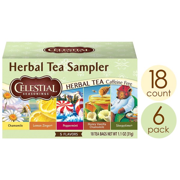 Celestial Seasonings Herbal Tea Sampler, Chamomile, Lemon Zinger, Sleepytime, Peppermint & Honey Vanilla Chamomile, Caffeine Free, 18 Tea Bags (Pack of 6)