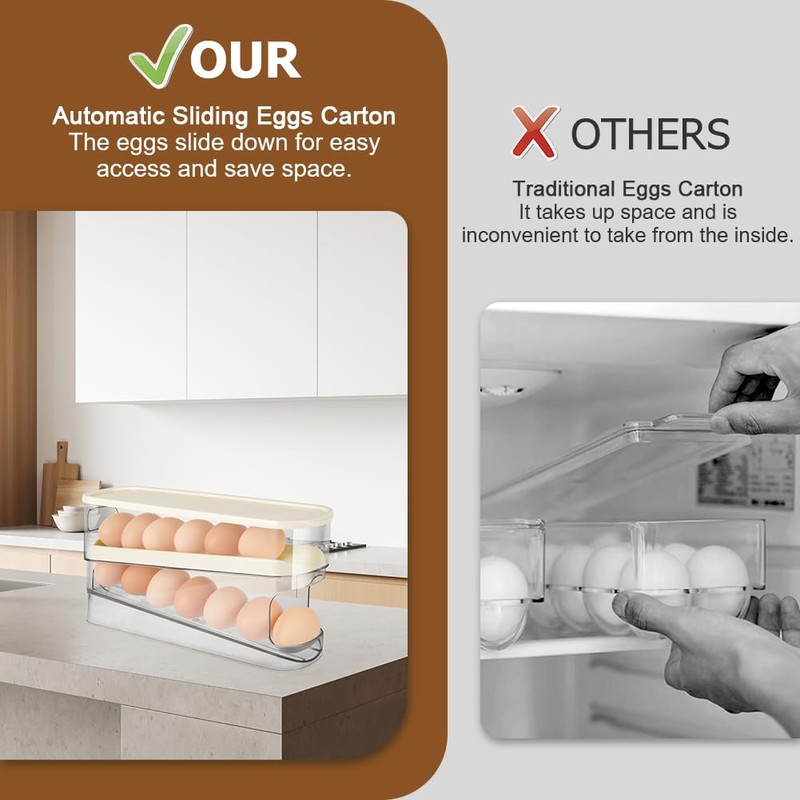 HOTUT Egg Container for Refrigerator, 2-Tier Automatic Egg Holder for