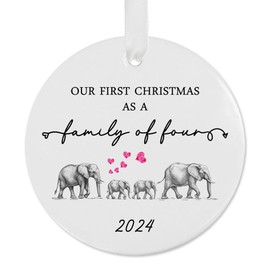 Our First Christmas as a Family of 4 Elephant 2024 Christmas Ornament Growing Family of Four Baby Shower Gift Mama Papa Baby New Parents Present Family Circle Ceramic with Gift Box (Family of 4)