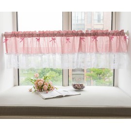 Huierxun Pink and White Buffalo Check Plaid Window Valances Floral Lace Semi Sheer Kitchen Curtain Farmhouse Gingham Curtains Rod Pocket Valances for Living Room (Pink A,52"x18")