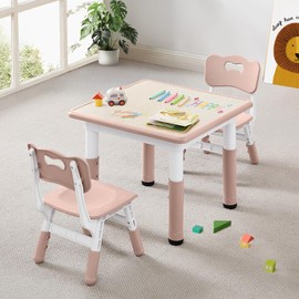 CuFun Kids Table & Chairs Set (2 Chairs) Height Adjustable for Ages 2-8 | Non-Slip Toddler Activity Table with Wipe-Clean Desktop, Montessori Learning & Art Drawing Table for Home Preschool