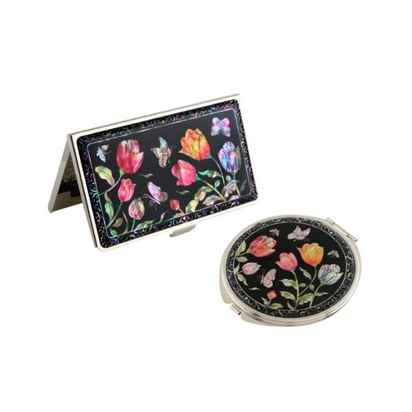 Mother of Pearl Business Card Case and Makeup Mirror Set Tulip Flower Business Cards Pocket Mirror Makeup Name Cards Stainless Steel Metal Mother of Pearl Design Handbag