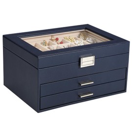 Voova Jewelry Box Organizer for Women Girls, 3 Layer PU Leather Jewelry Storage Case with Glass Lid & 2 Drawers, Large Jewellery Display Holder for Necklaces Rings Earrings Bracelets, Navy Blue