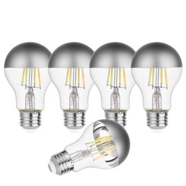 KarlunKoy Half Chrome LED Light Bulbs,Dimmable 6W (Equivalent 60Watt) Edison Bulbs,5500K Cool White,A19 Half Grey Dipped Anti-Glare LED Bulbs,Decorative Mirror Bulb,CRI 90+ E26 Base Pack of 5