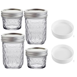 Quilted Crystal Design Regular Mouth Ball Mason Jars Bundle with Lids and Bands - Two of Each 4oz & 8oz Canning Jars for Storage & Display - with Extra Two Plastic Lids for Jams, Jellies & Sauces
