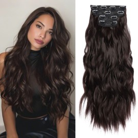 4Pcs clip in hair extensions, Long Wavy Synthetic hair extensions, Clip in Extensions 20 Inch for Women,Chocolate Brown